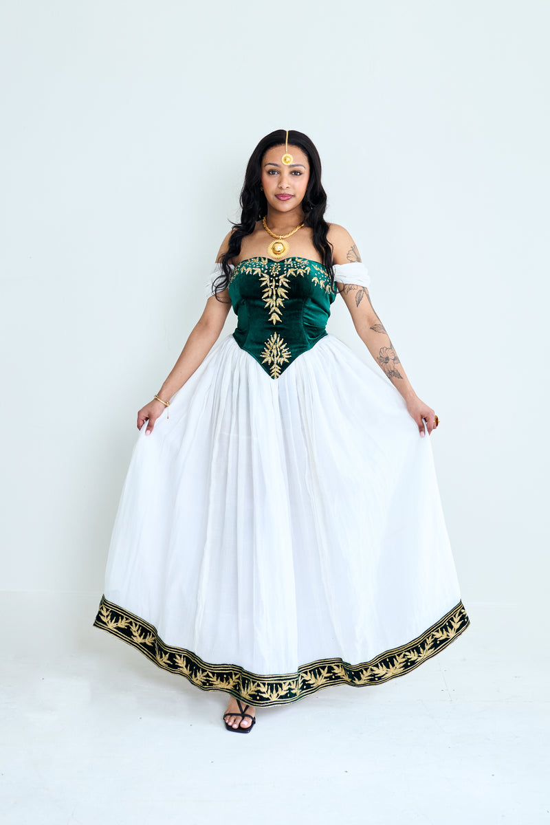 Green Velvet Corset & Skirt Set (With Sleeves)