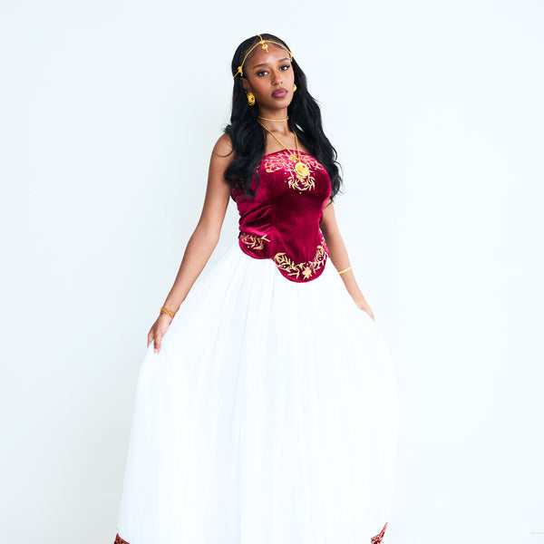 Burgundy - Red Velvet Corset & Skirt Set (Sleeveless)