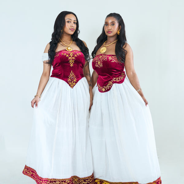 Burgundy- Red Velvet Corset & Skirt Set (With Sleeves