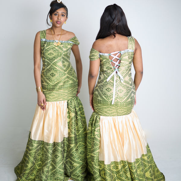 Handwoven Green Tilet Dress with Gold Saba & Menen Scarf (Measurements Required)