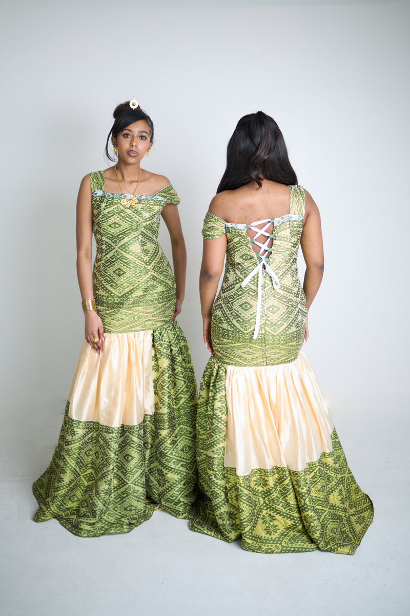 Handwoven Green Tilet Dress with Gold Saba & Menen Scarf (Measurements Required)
