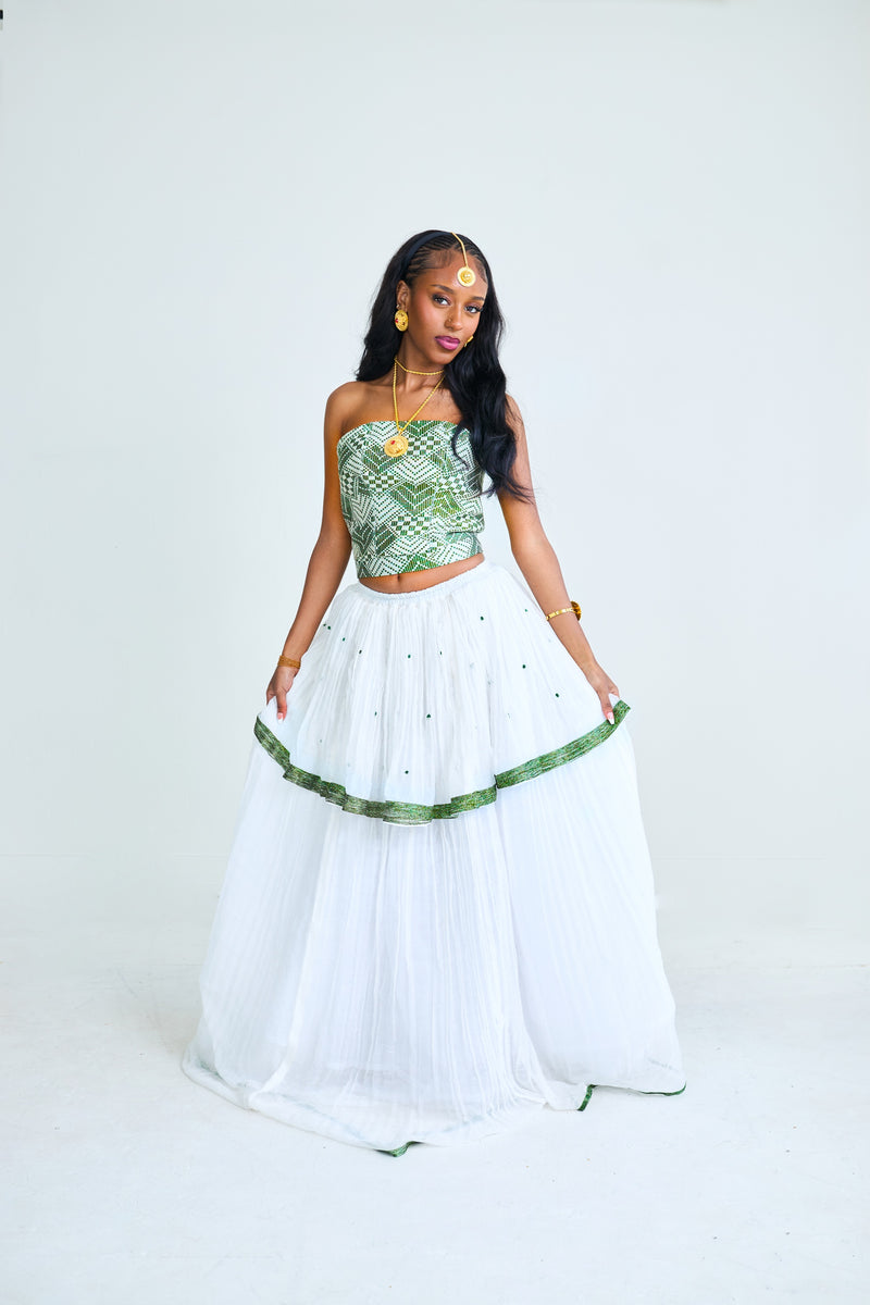 Handwoven Green Tilet Corset & Menen Skirt Set