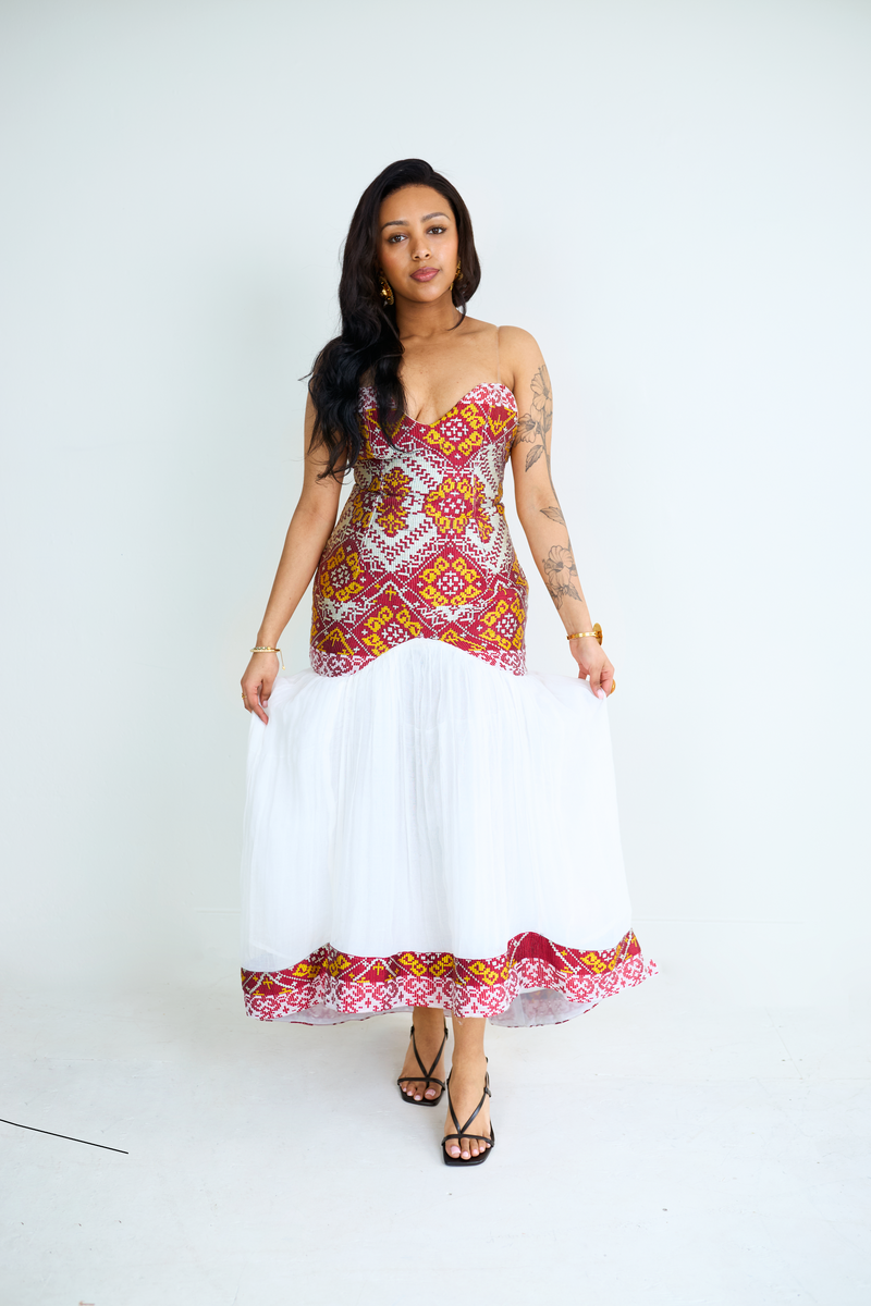 Handwoven Pink Tilet Dress with White Menen (Measurements Required)